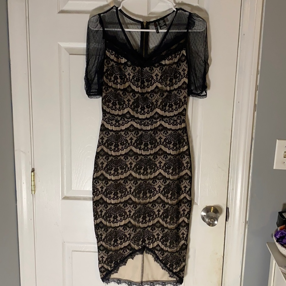 Black lace with nude underlay cocktail dress